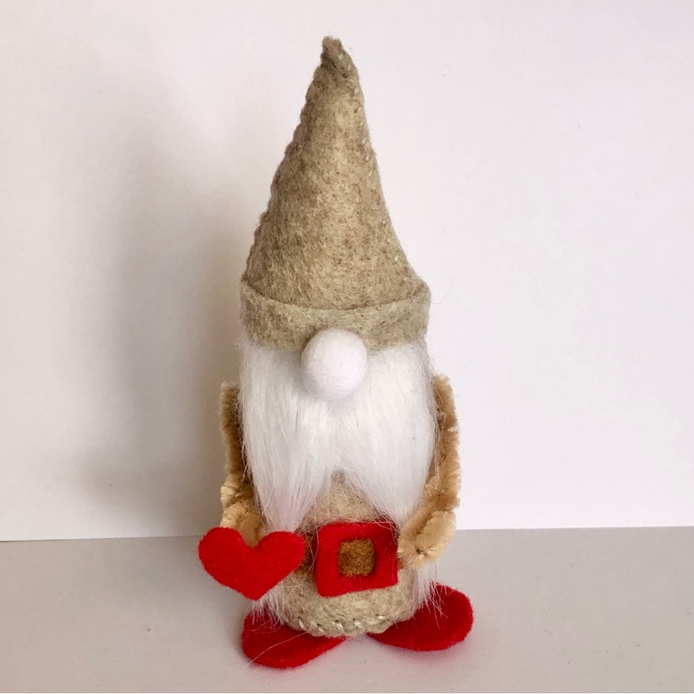 Felt Gnome Art Doll with red heart in hand, hand-sewn Valentine love New